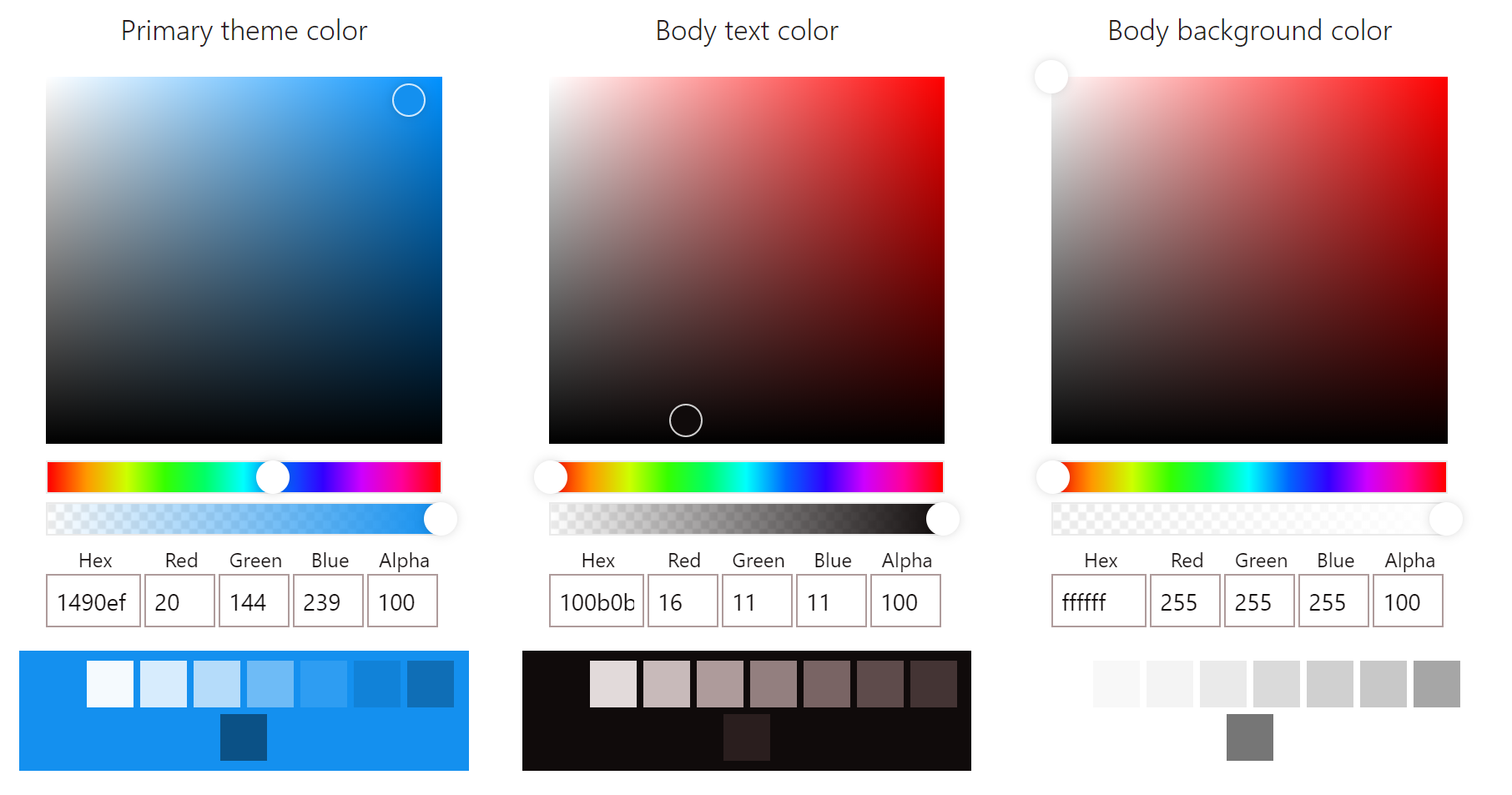 Selecting your own colours in the Theme